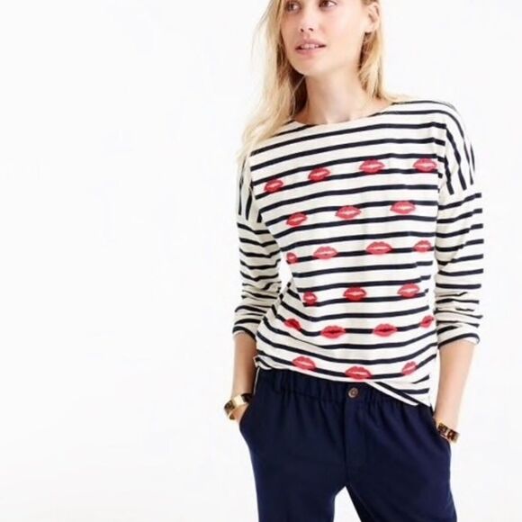 J. Crew Cotton Embroidered Lips Striped Long Sleeve Tee Top Size M - Picture 1 of 9